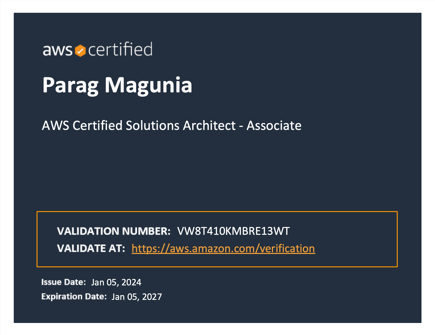 Parag's AWS SAA-C03 credential